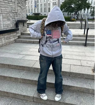 Y2K Flag Print Zip Hoodie