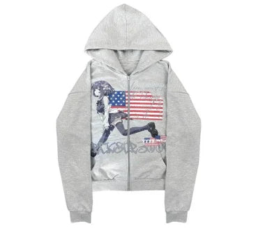 Y2K Flag Print Zip Hoodie