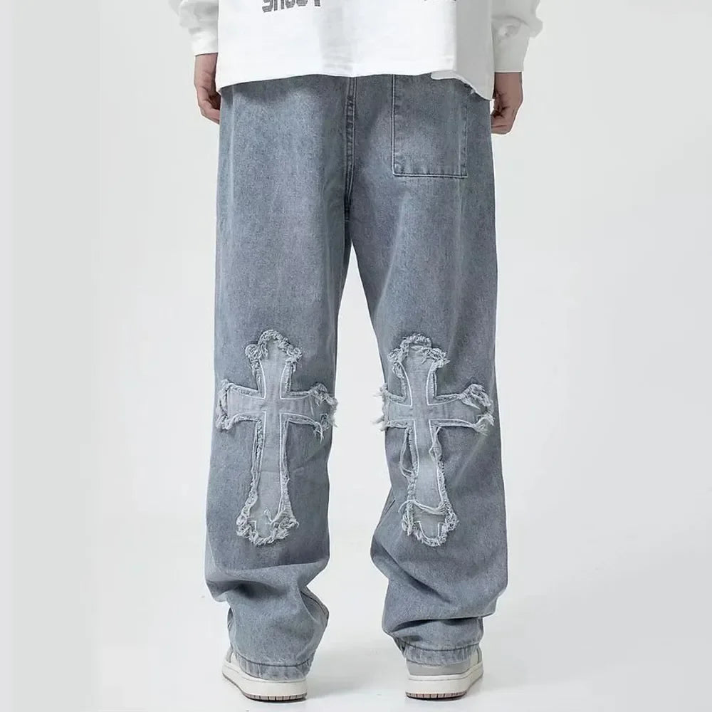 Cross Denim Baggy Jeans Y2K Streetwear Hip Hop Low Rise Korean Fashion